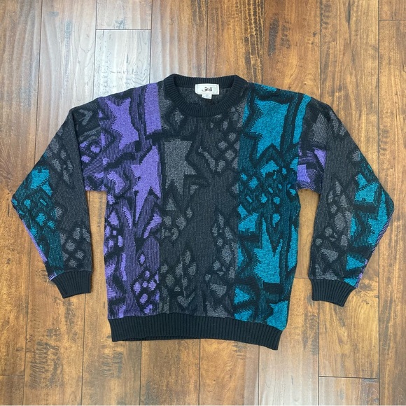 Jed Vintage Sweater Men’s Size M Wool Blend Geometric Knit Black Purple Teal. - Picture 1 of 5